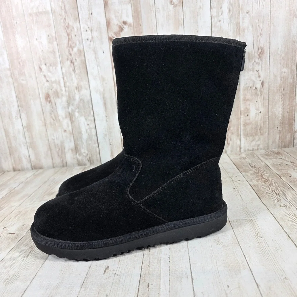 UGG Black Suede Back Zip Mid Calf Winter Boots 1103029K Womens‎ 5.5 Kids 4